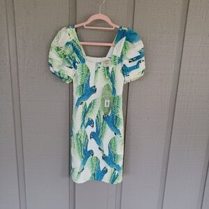 Farm Rio Araras Parrot Print Mini Dress Size S Women Smock Viscose Short Sleeve